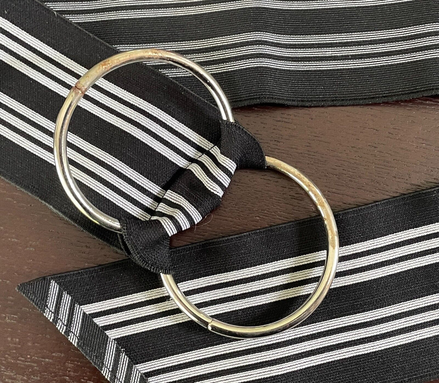 BELT Black & White Stripe Elastic Belt O Rings Closure 7cm Wide Retro