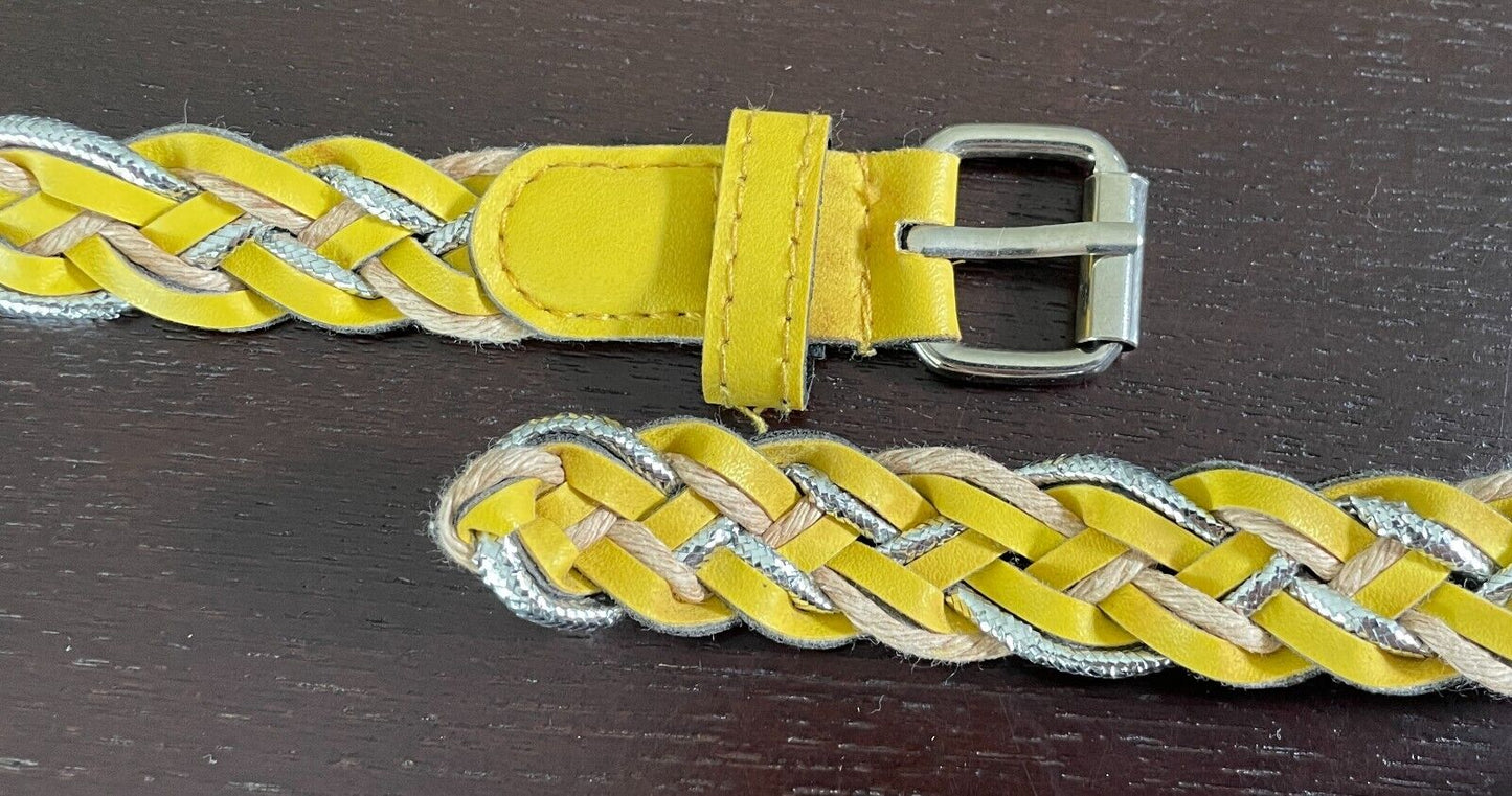 Belt Yellow Tan Silver Pleather Cord Woven 2cm Wide Total Length Of Belt 98cm