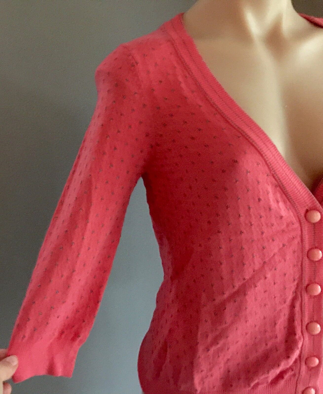 KATHERINE Knit Cardigan 3/4 Sleeve Coral Silver Polka Dot Ladies Size 10