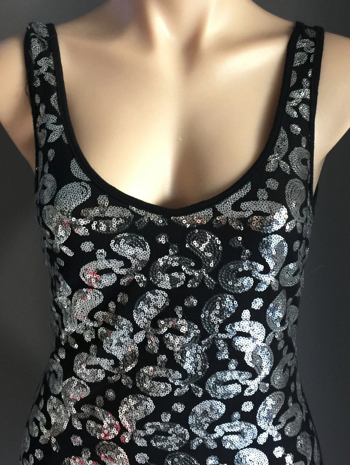 DRESS MINI Black Silver Sequin Tight Stretch Party LBD Ladies Size 8 10 NEW