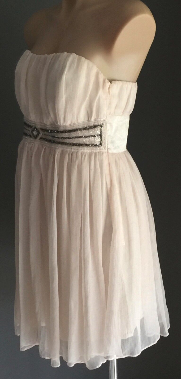 VALLEYGIRL Strapless Dress Ivory Gathered Beaded Empire Waist Size 12 Retro