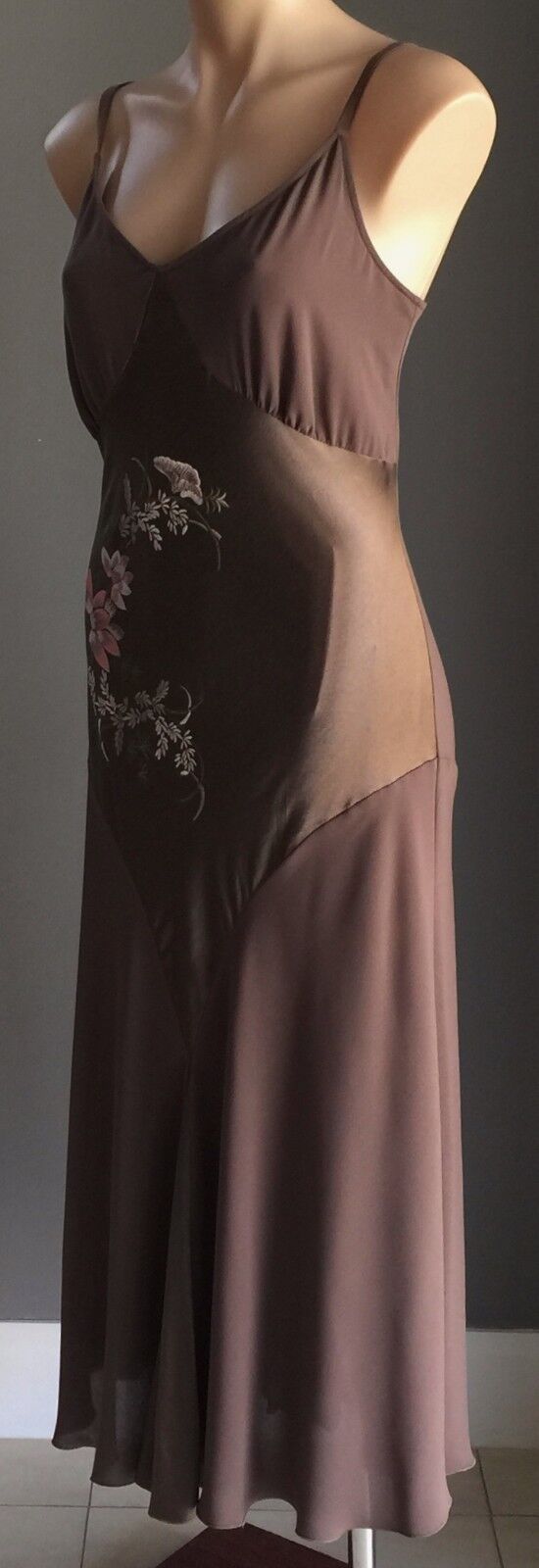 CHELSEA DESIGN Dress Brown Floral Embroidered Sleeveless Frock Ladies Size 12