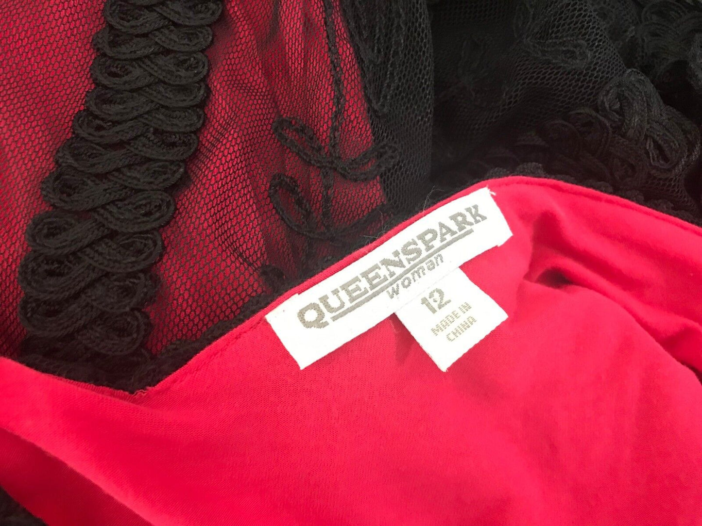 QUEENSPARK WOMAN Sheath Dress Embroidered Black Mesh Red Stretch Jersey Size 12