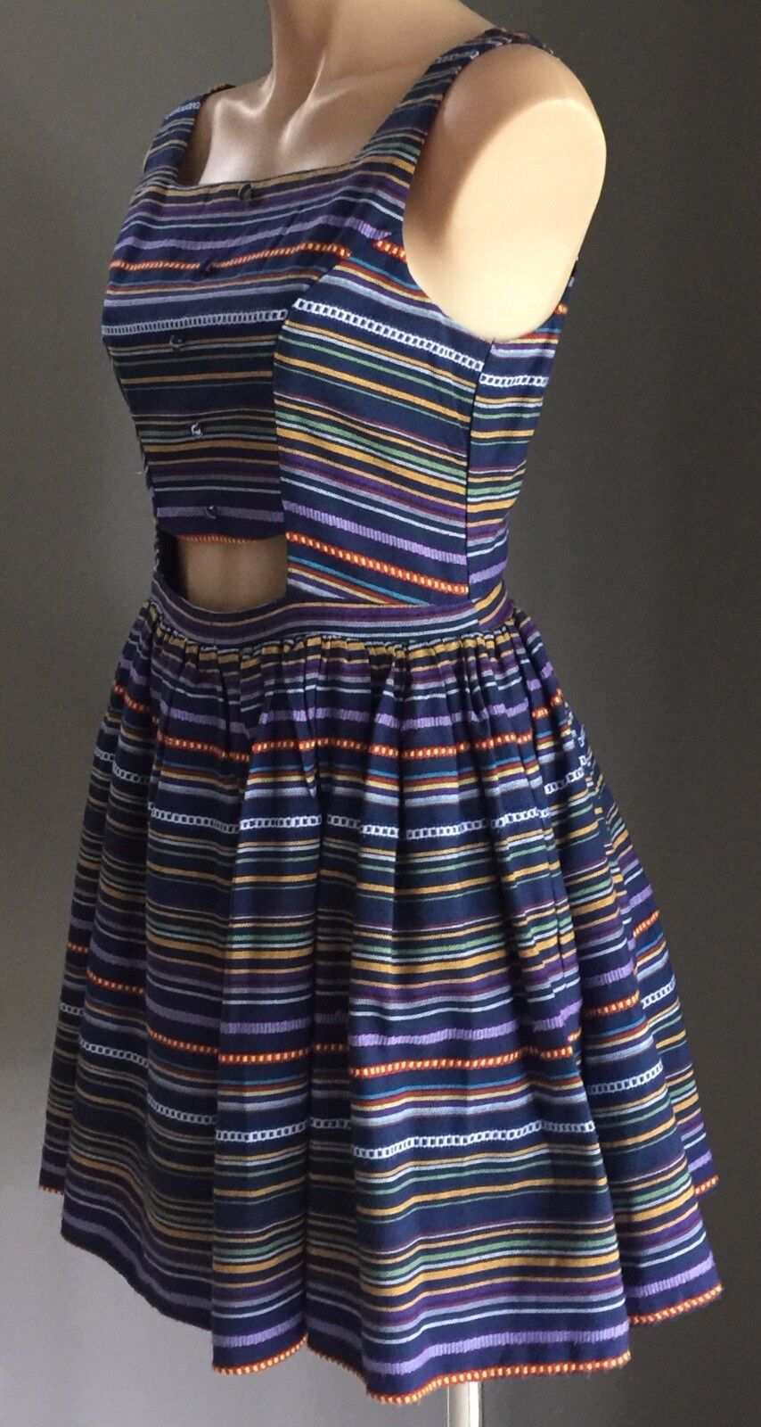 MISS CHERRY Dress Multi Colour Stripe Sleeveless Skater Ladies Size 12 Retro