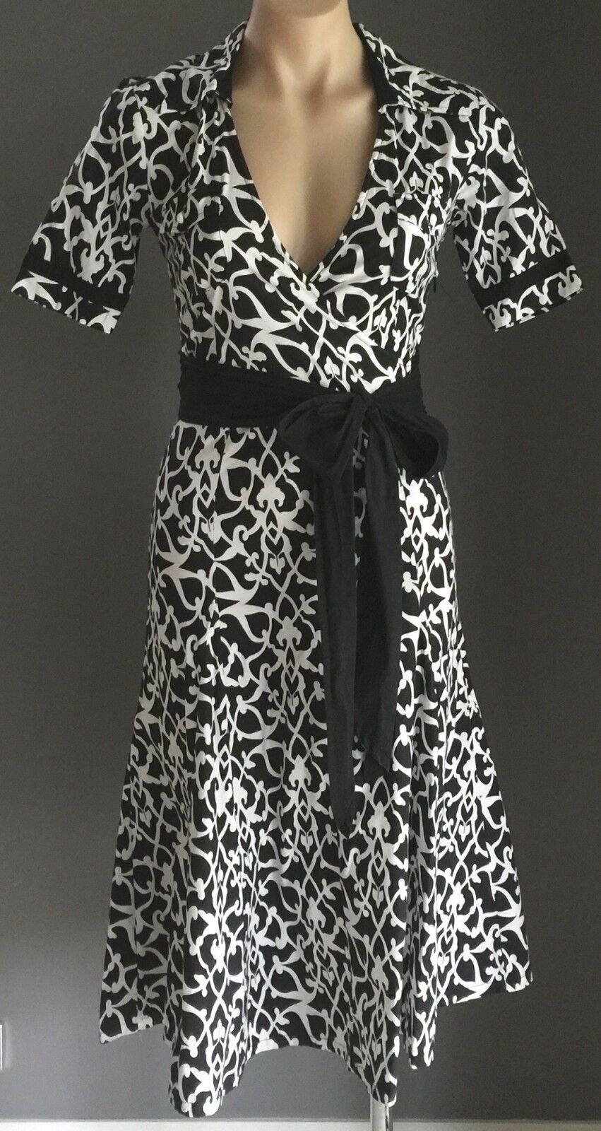WRAP DRESS Black & White Baroque Print Cotton Stretch Size 8 10 Beautiful