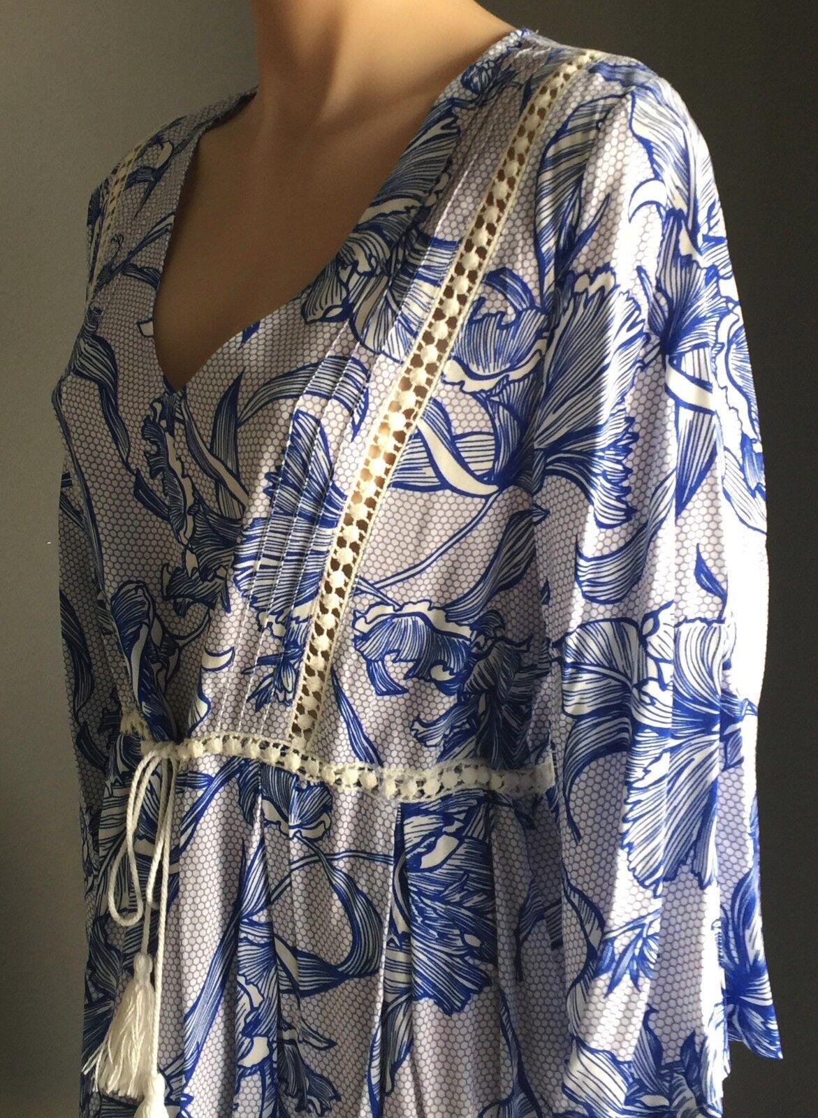 INTO Dress Beach Blue & White Floral Print Drawstring Waist Ladies Size 10 Party