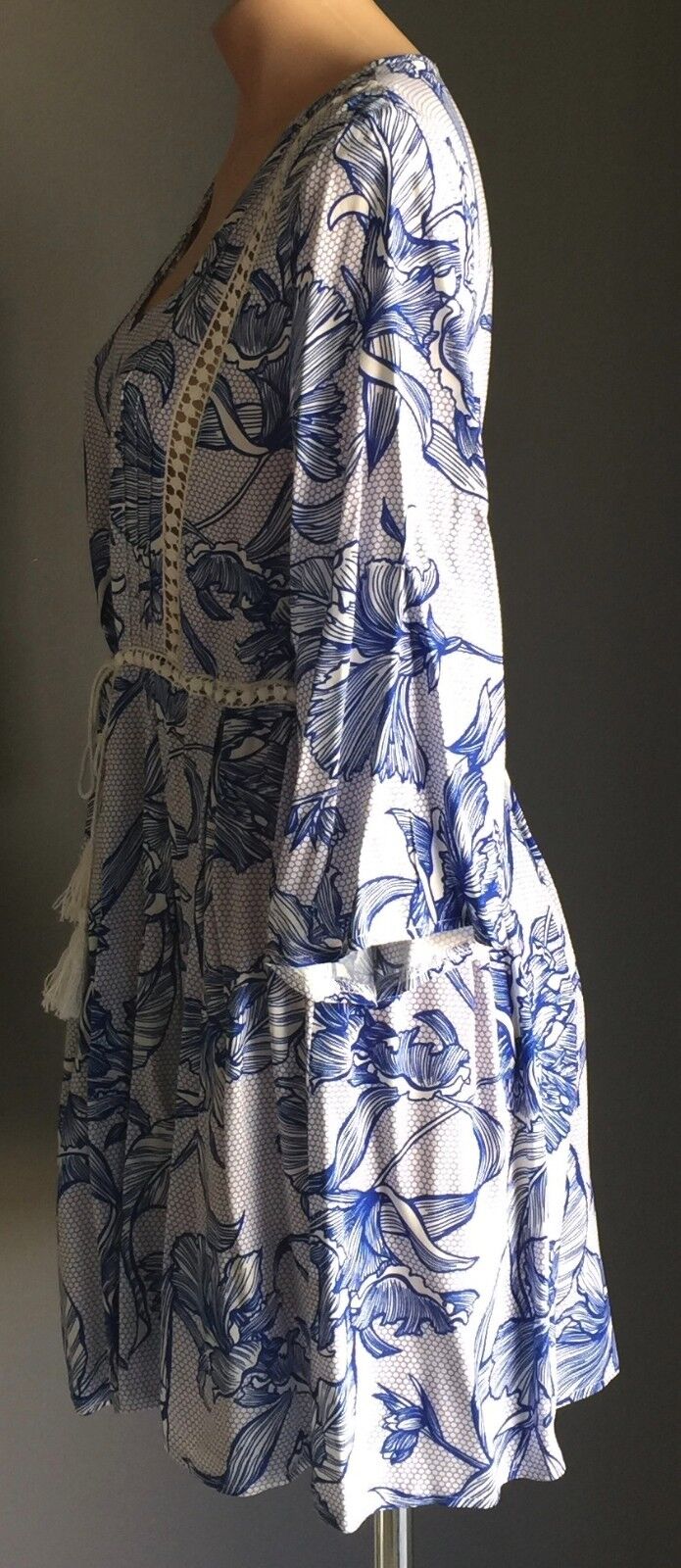 INTO Dress Beach Blue & White Floral Print Drawstring Waist Ladies Size 10 Party