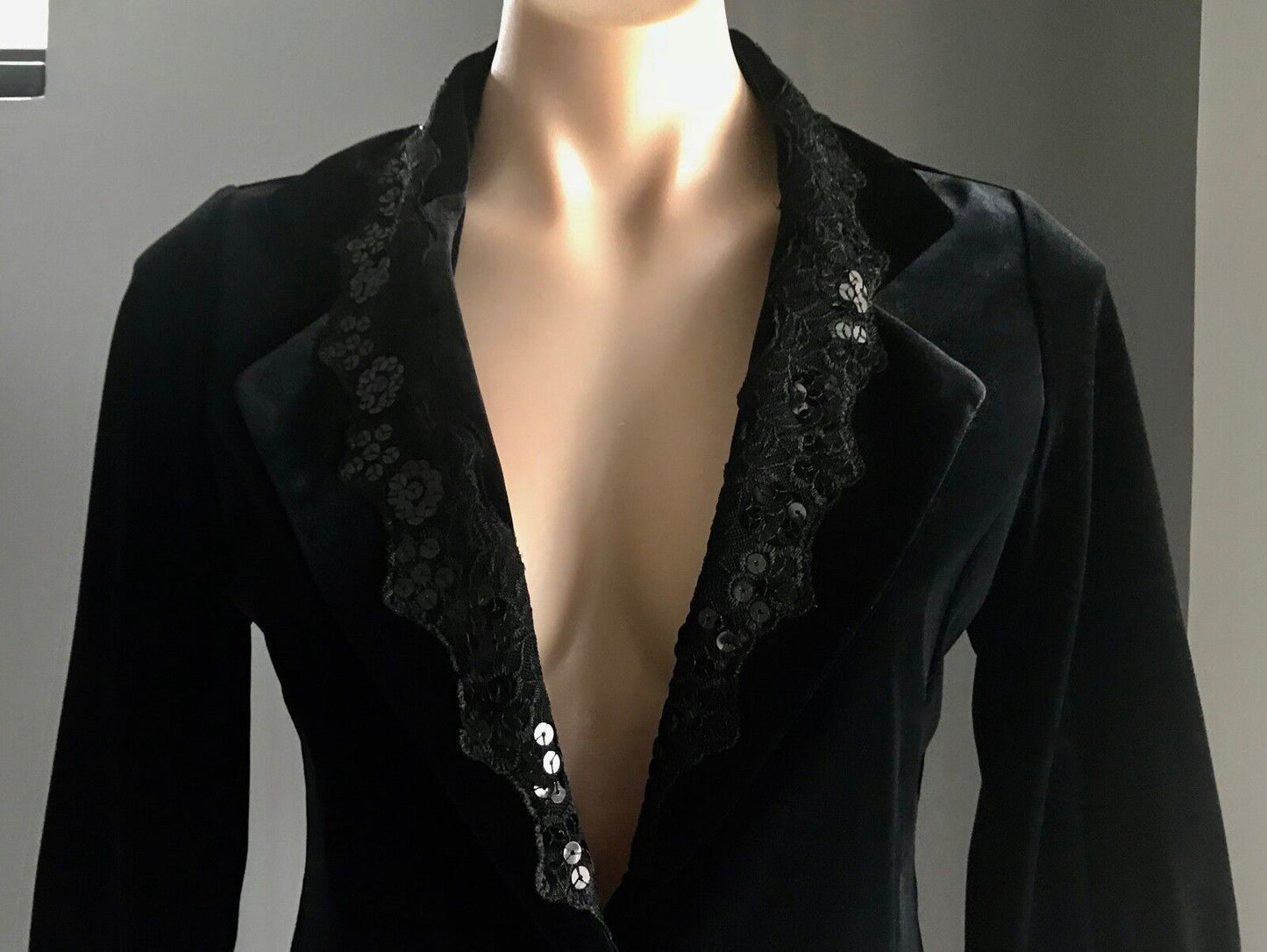 WANKO Jacket Black Velvet Sequin Lace Collar Trim 3/4 Sleeve Size 8 10