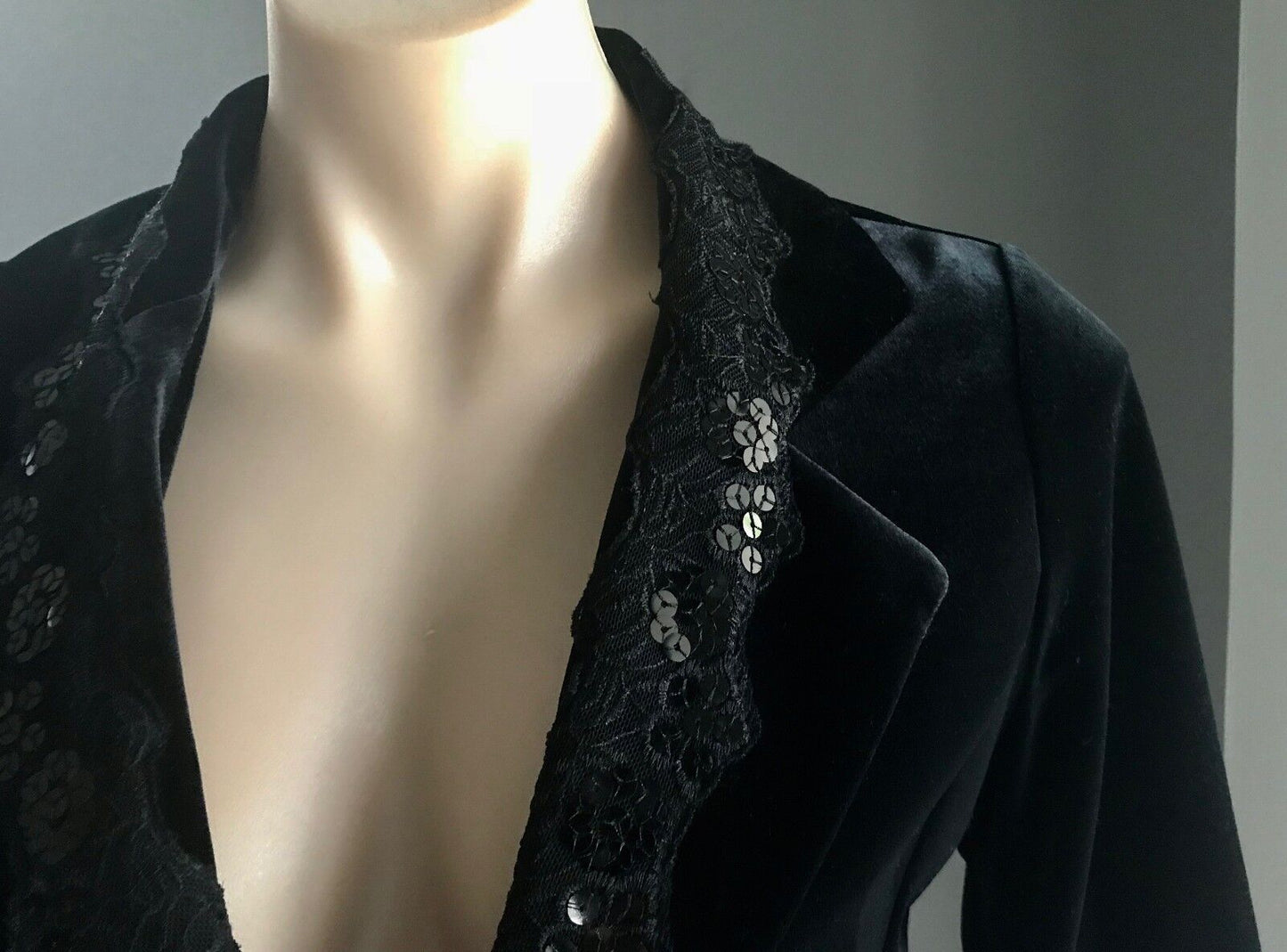 WANKO Jacket Black Velvet Sequin Lace Collar Trim 3/4 Sleeve Size 8 10