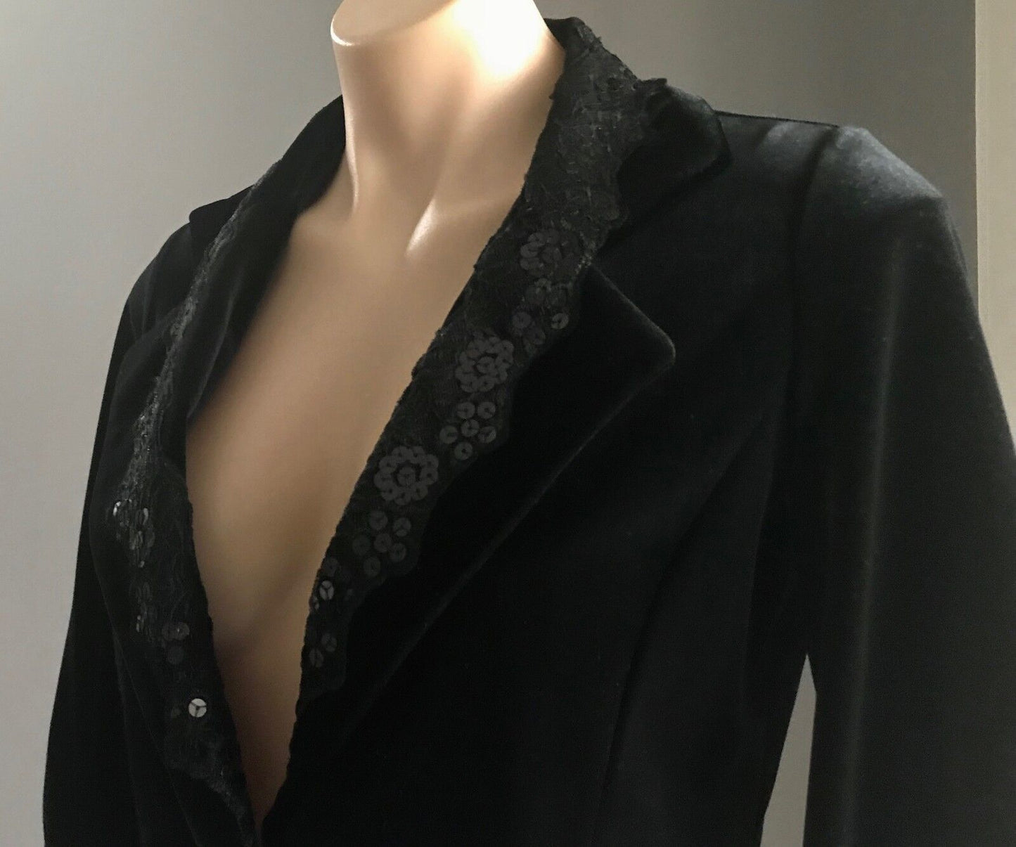 WANKO Jacket Black Velvet Sequin Lace Collar Trim 3/4 Sleeve Size 8 10