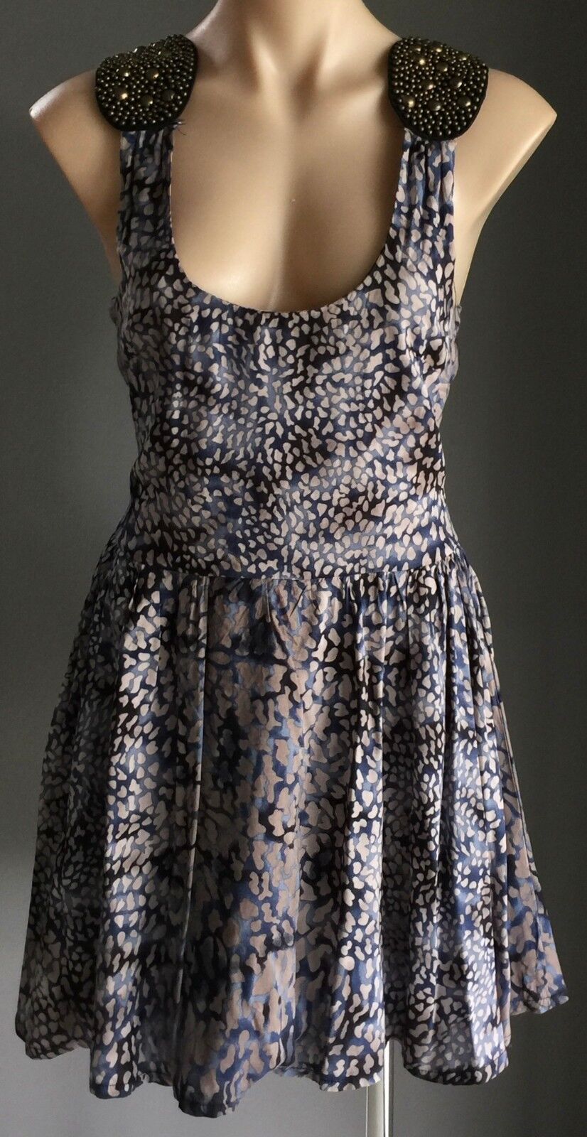 STELLINO "Prelude" Dress Strappy Back Sheath Blue & Taupe Ladies Size 10 NEW