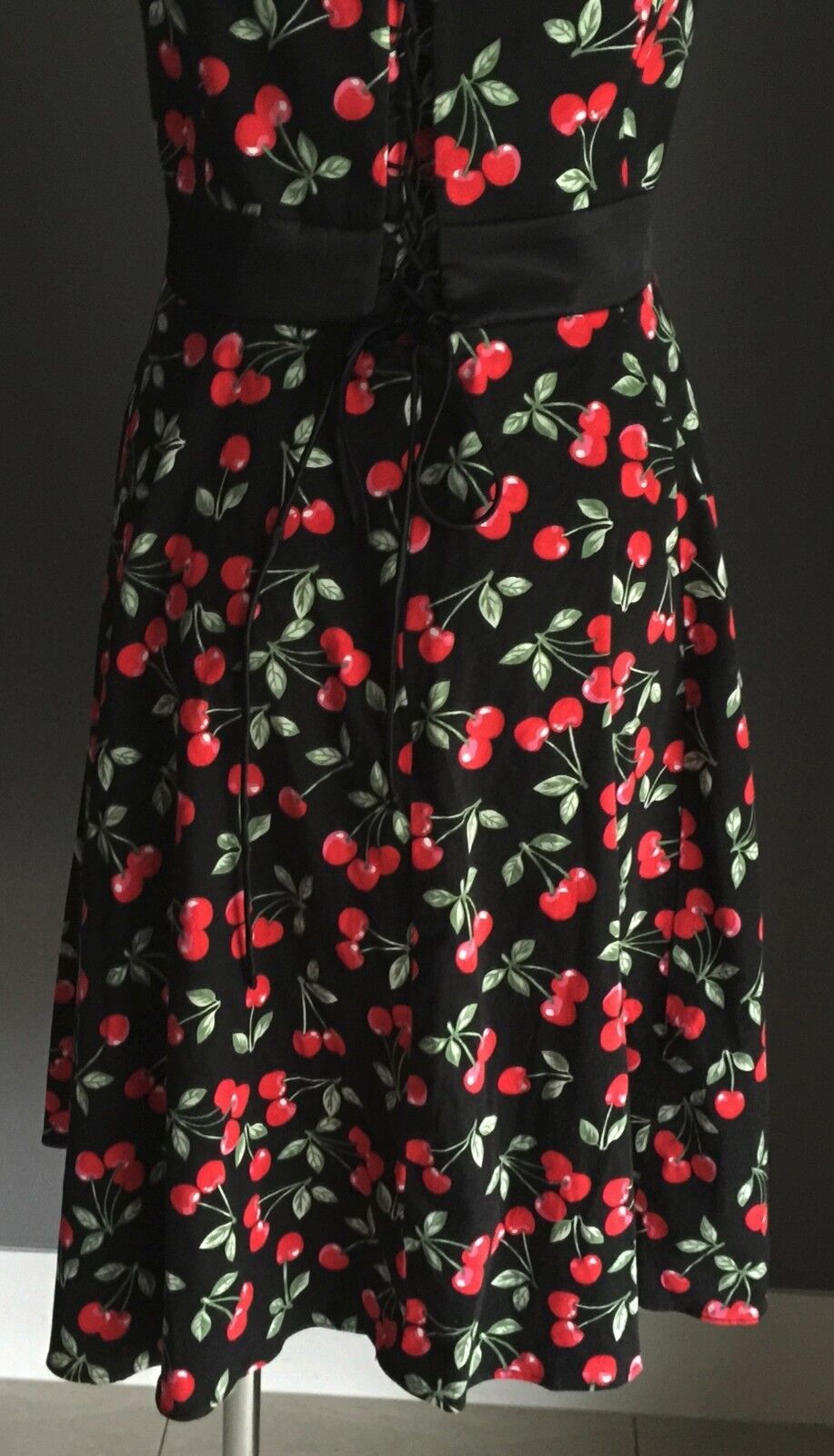 CHERRY PRINT Dress Halter Hand Made Red Black Green Size 10 12 Pin Up 1950's
