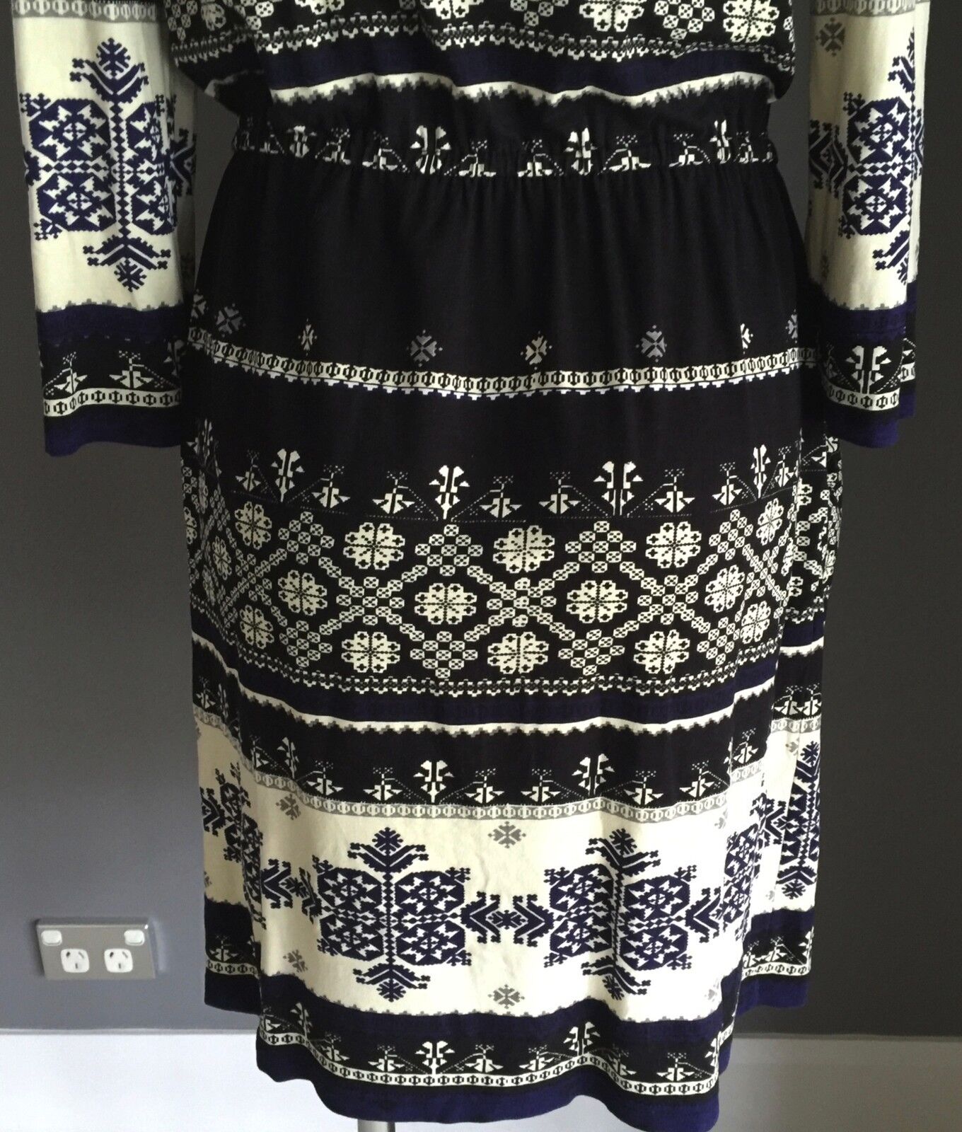 DERHY Dress Black Cream & Blue Tile Print Elastic Waist Size S 10 12 NEW