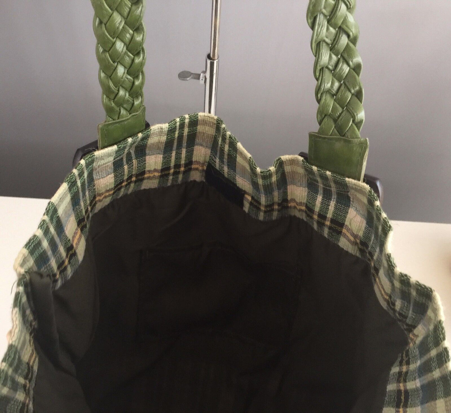 Large Shoulder Bag Tote Green Tartan Fabric Pleather Braided Handles Buckles NEW