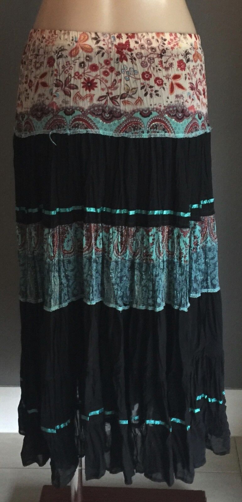 MISS ANNE Maxi Skirt Colourful Pleated Crinkle Tier Size 8 10 Boho Hippie