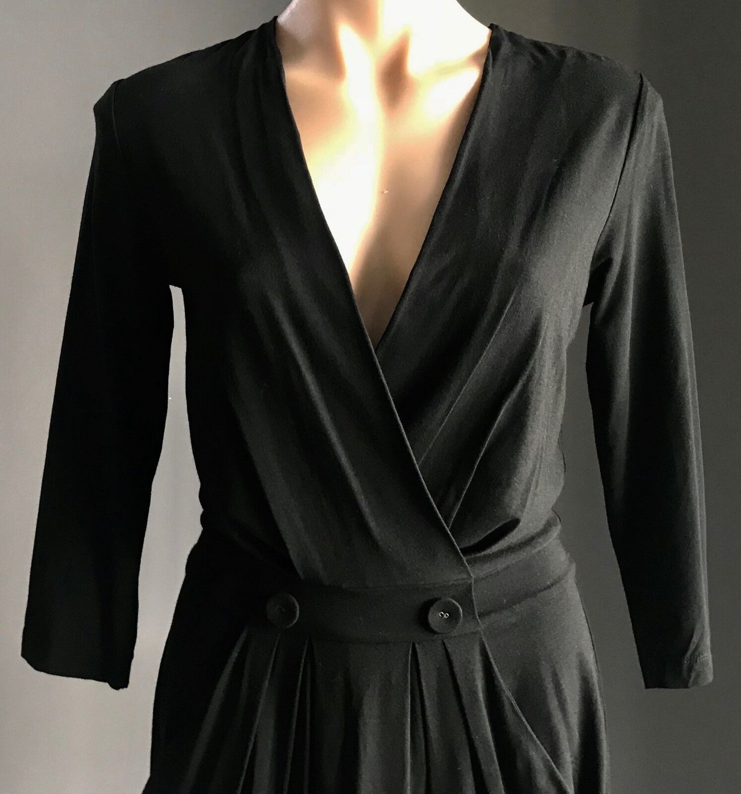SABA Dress Retro Black 3/4 Sleeve Pleat Skirt Stretch Frock Ladies Size 8 10