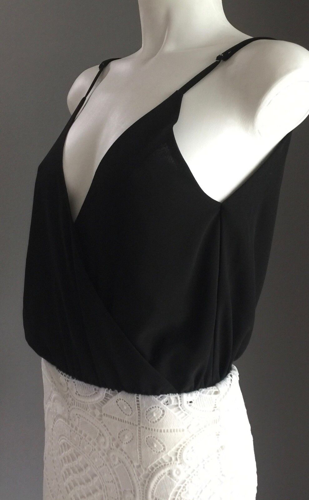 LUXE Black Mini Dress Bodice & White Lace Skirt Blouson Mini Ladies Size 8 NEW