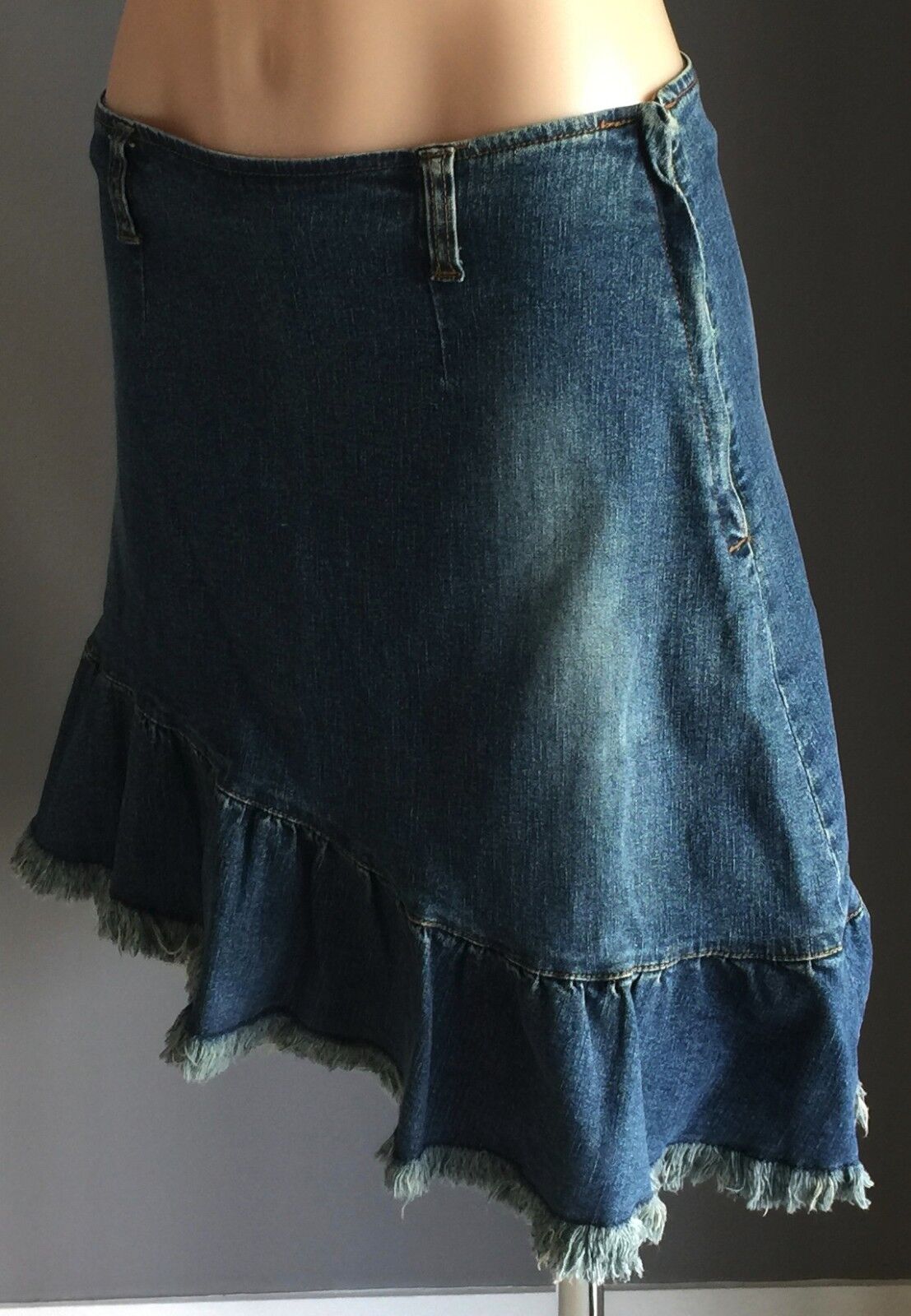 LONSDALE Denim Skirt Blue Jeans Asymmetrical Frayed Frill Hem Skirt Ladies Sz 12
