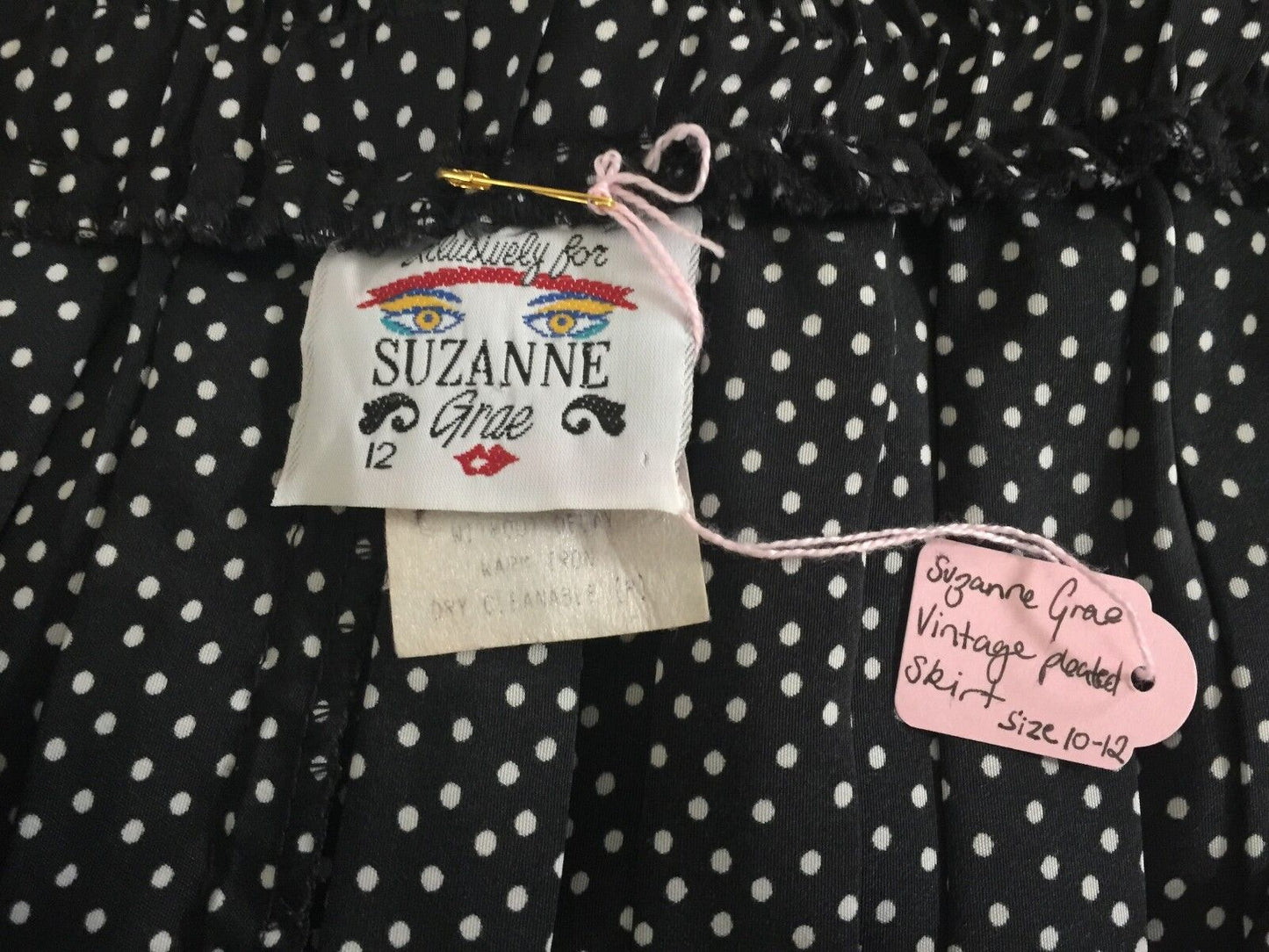 SUZANNE GRAE Skirt Pleated Black & White Polka Dot Knee Length Size 12 Vintage
