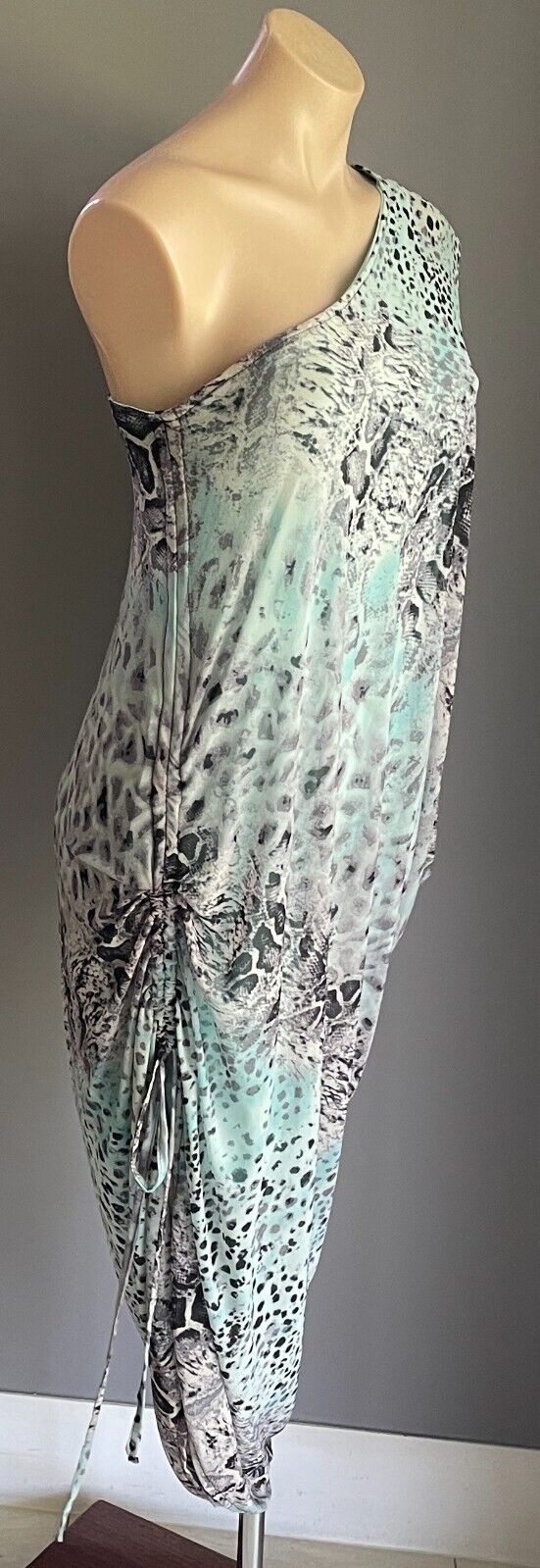 ZEN GARDEN Dress Blue Grey Black Python Print One Shoulder Ruched Side Size L