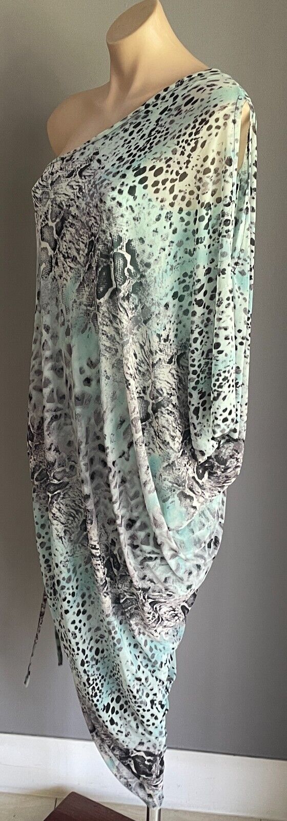 ZEN GARDEN Dress Blue Grey Black Python Print One Shoulder Ruched Side Size L