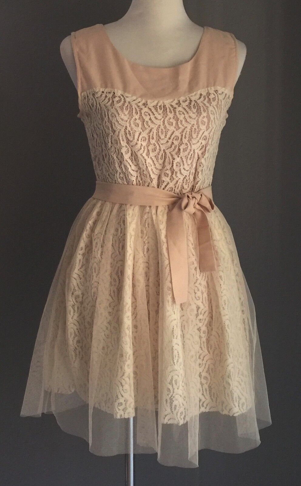 ABSOLUTELY & FAITH Tulle & Lace Fit & Flare Dress Beige Cream Ladies Size L NEW