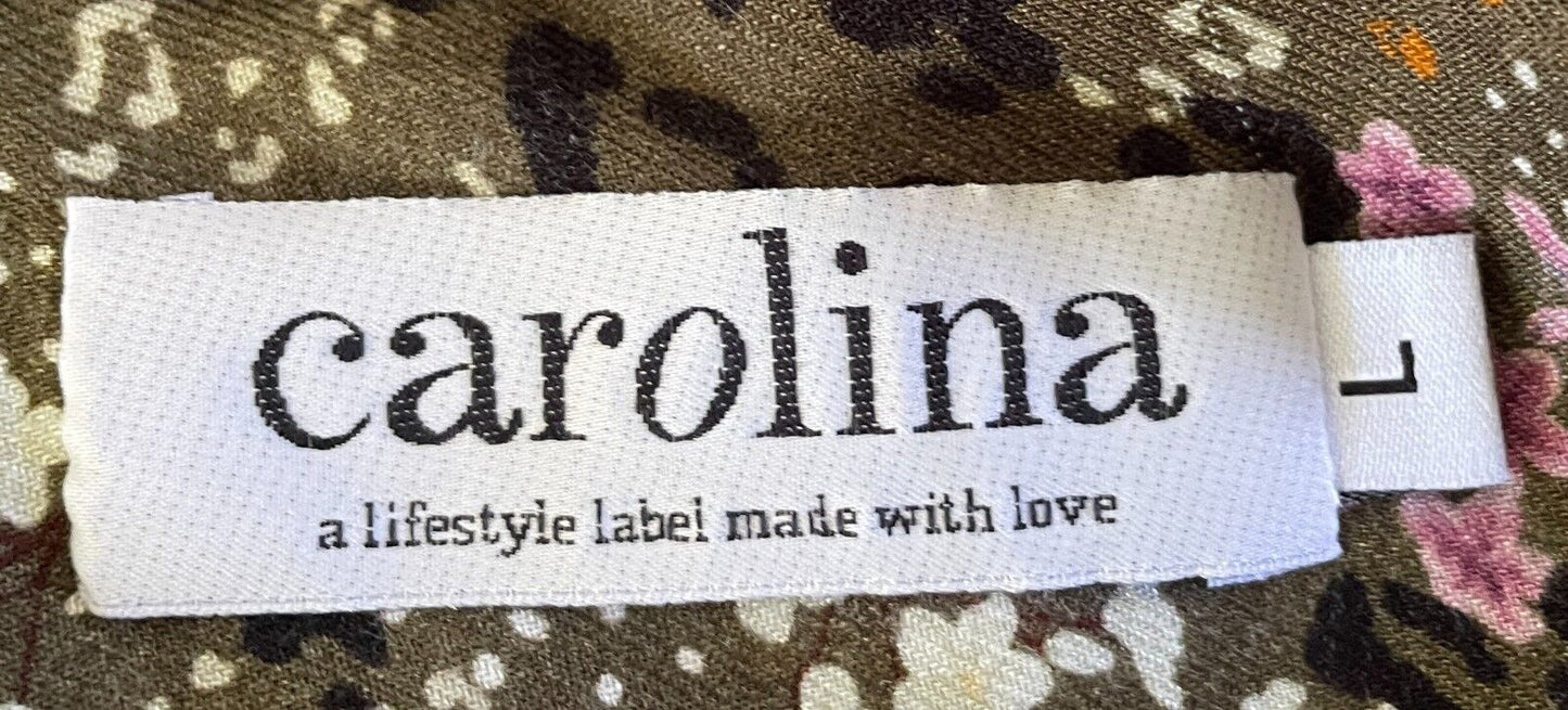 CAROLINA Hi-Lo Hem Dress Khaki Multicoloured Leopard Floral Size L Long Sleeve