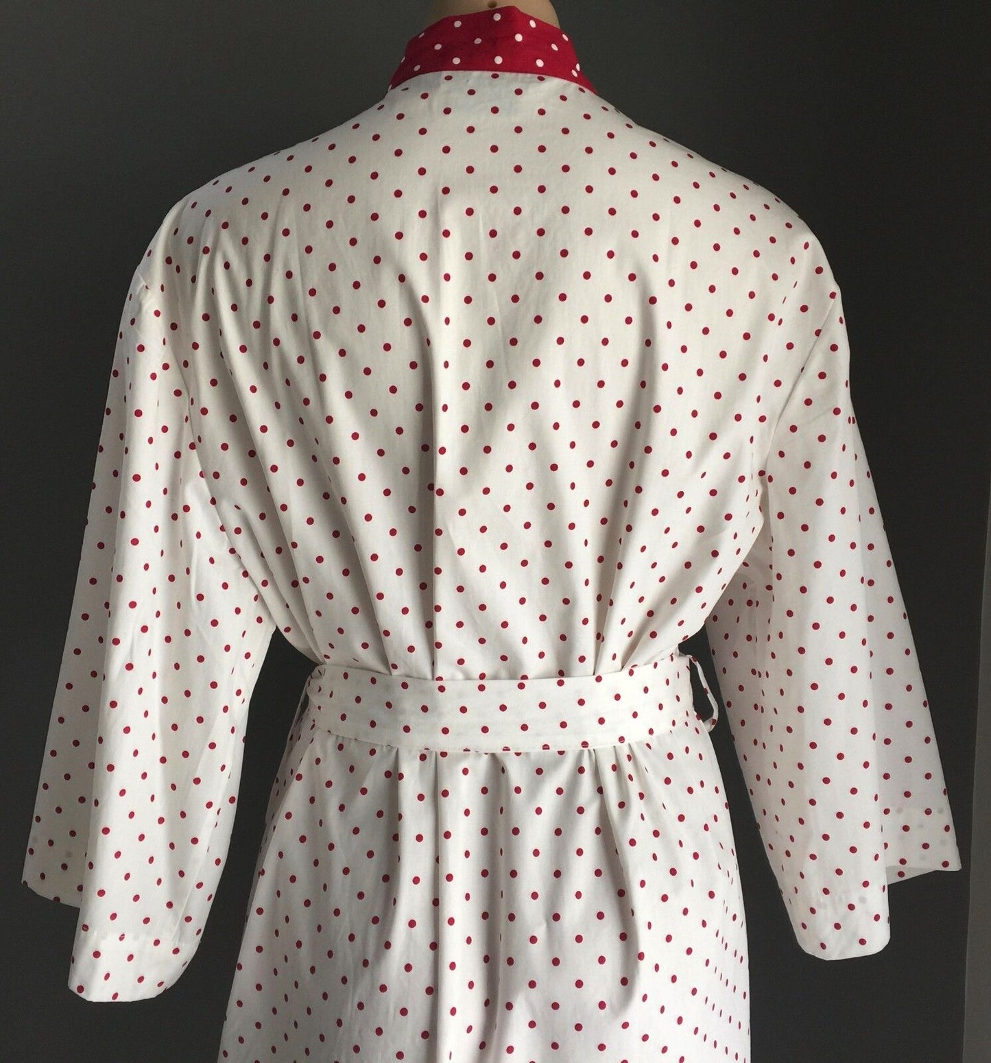LAURA ASHLEY Dressing Gown Cotton Bath Robe White & Burgundy Polka Dot Size M 12