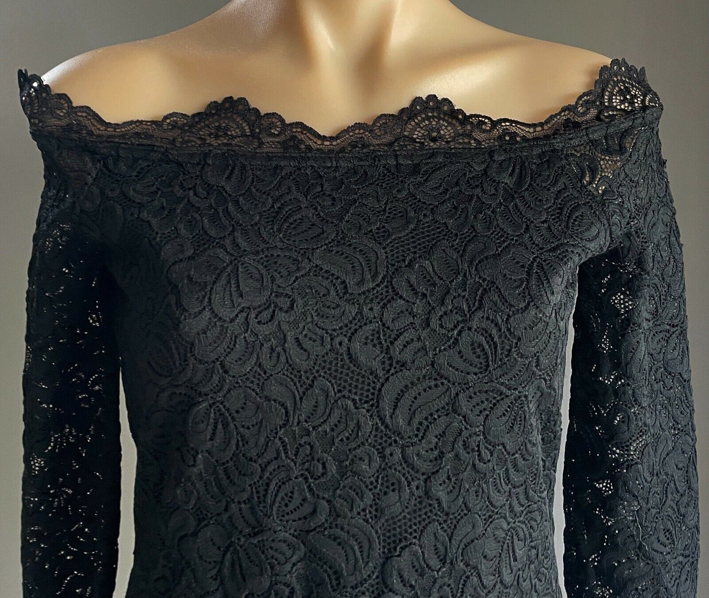 WITCHERY Top Off Shoulder Black Stretch Lace 3/4 Sleeve Ladies Size S 10