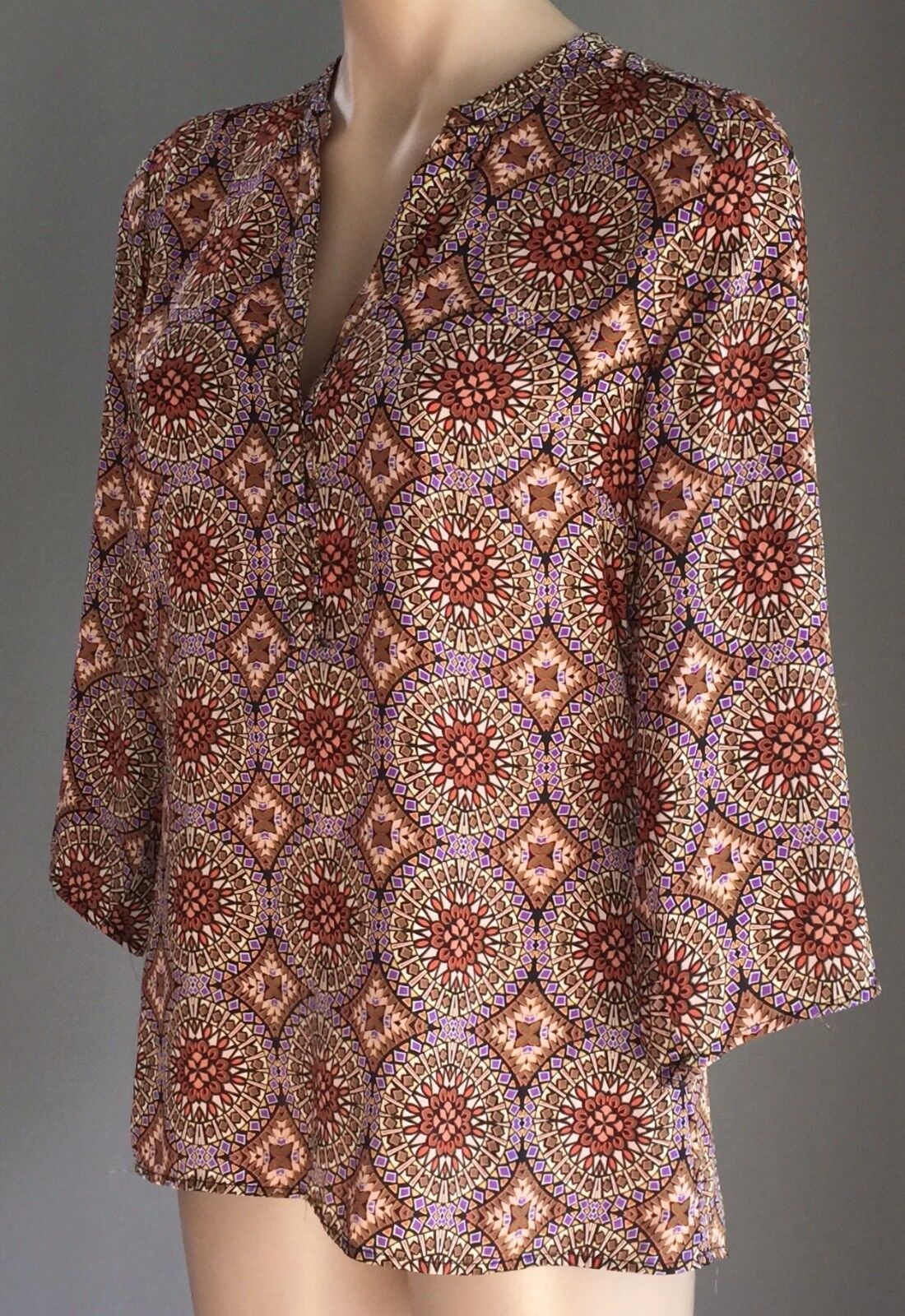 CUPIO Top MultiColoured Mandala Print 3/4 Sleeve Kaftan Ladies Size 10 NEW