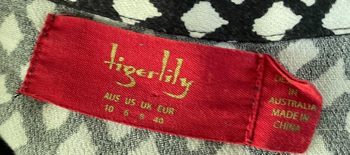 TIGERLILY Shirt Top Black White Foulard Button Front Long Sleeve Blouse Size 10
