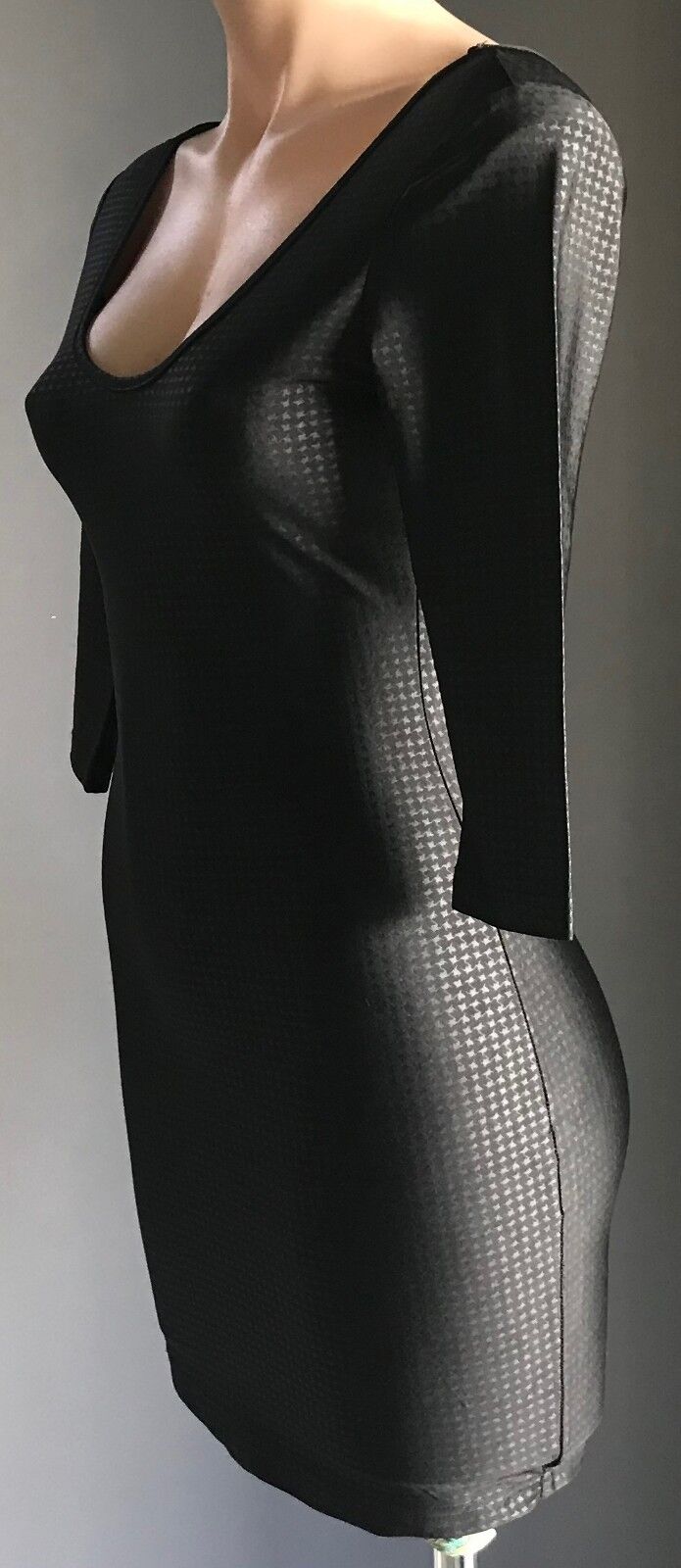 FEVER Mini Dress Houndstooth Print 3/4 Sleeve Stretch Black White Ladies Sz 8 10