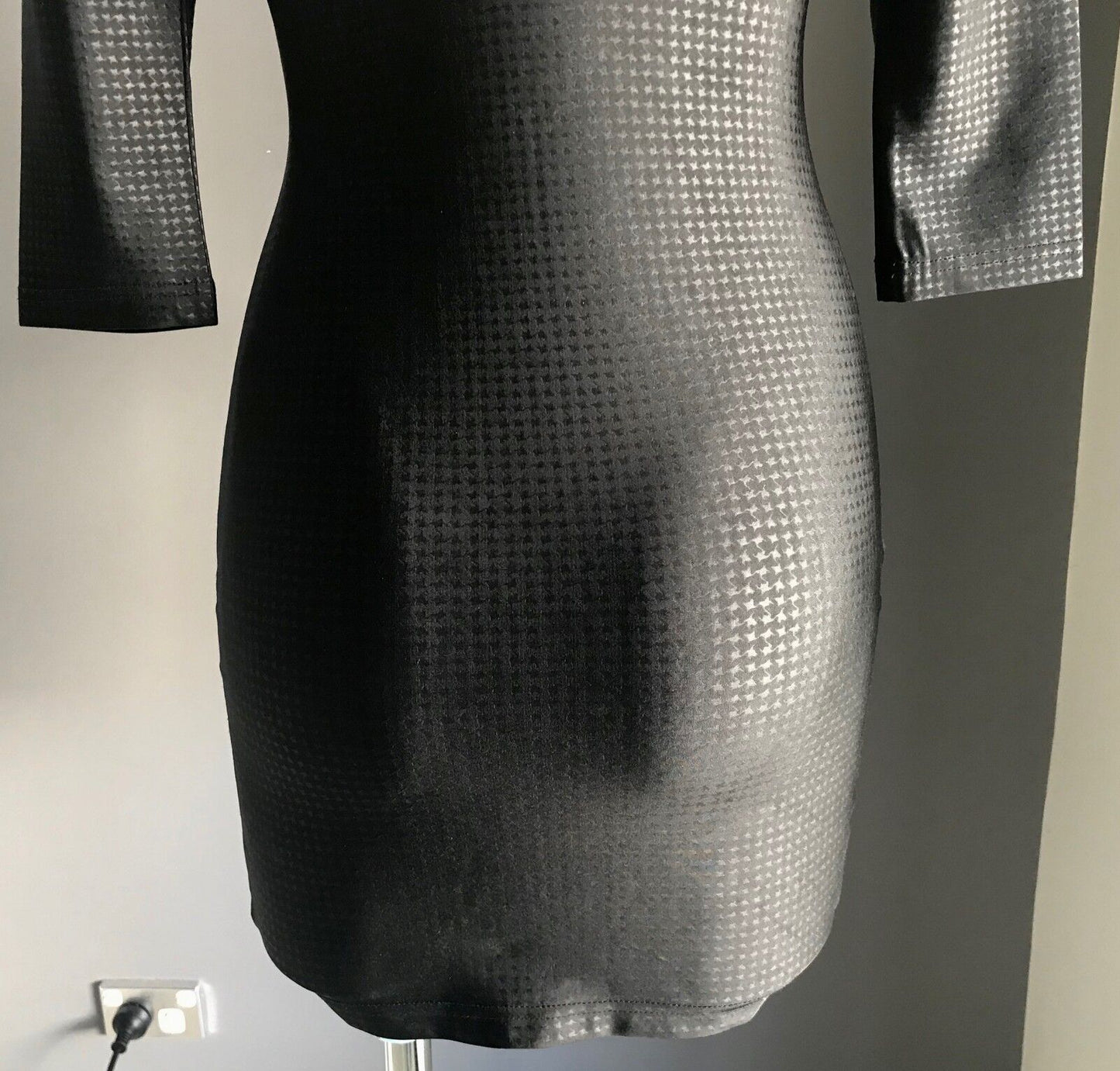 FEVER Mini Dress Houndstooth Print 3/4 Sleeve Stretch Black White Ladies Sz 8 10