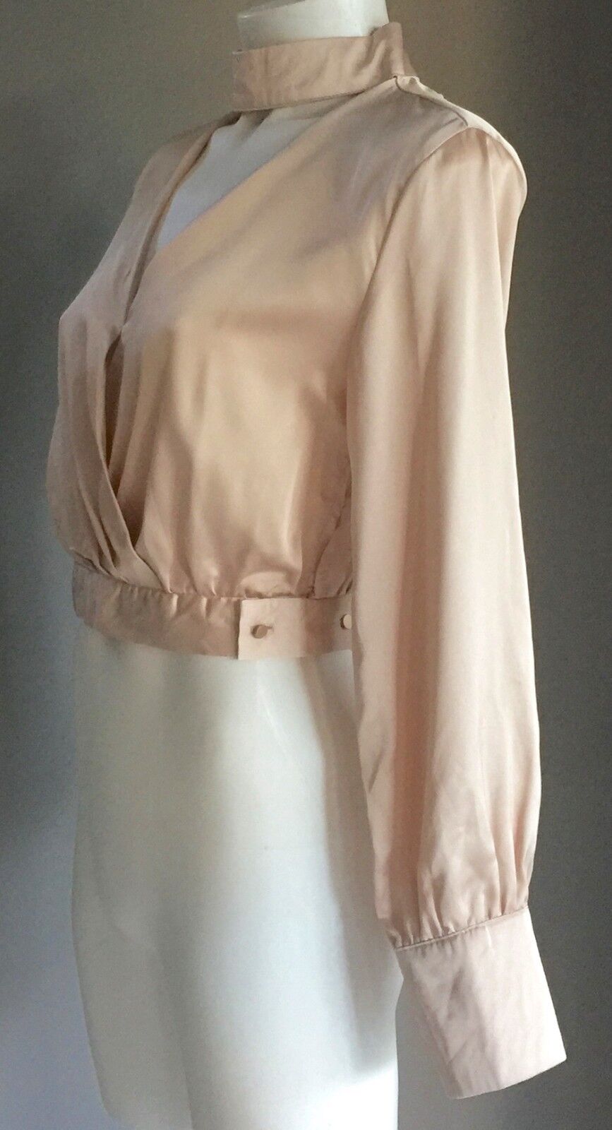 WHITE CLOSET Crop Top Satin Champagne High Neck Long Button Sleeve Size 6 8 NEW