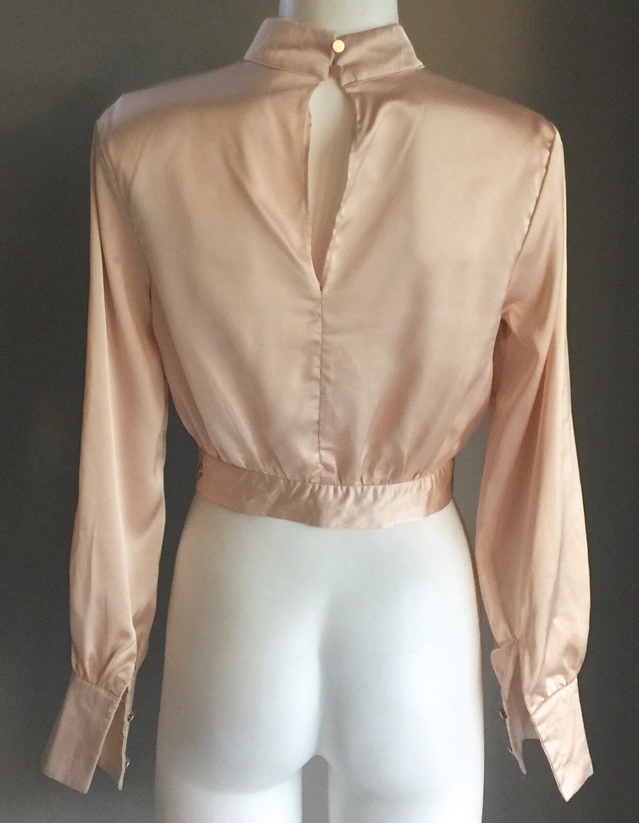 WHITE CLOSET Crop Top Satin Champagne High Neck Long Button Sleeve Size 6 8 NEW