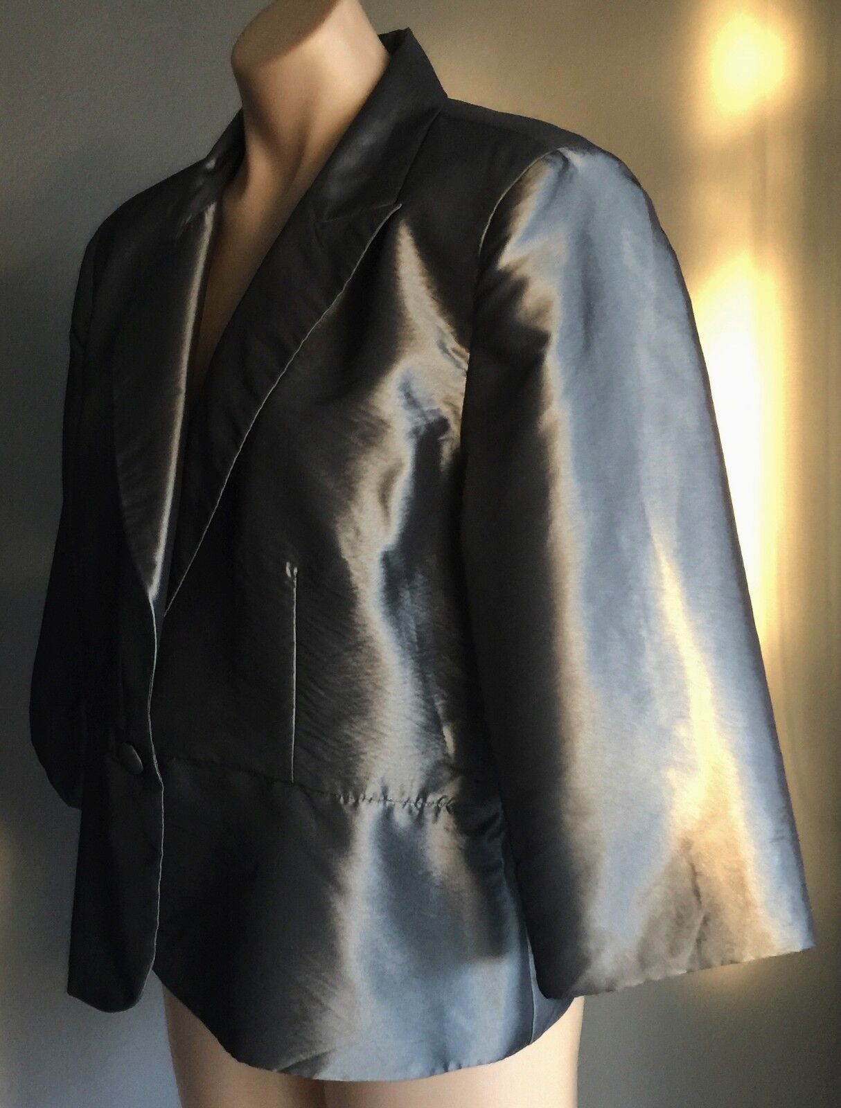 LIZ JORDAN Jacket 3/4 Sleeve Silver Grey Silk Taffeta Ladies Size 16 NEW Retro