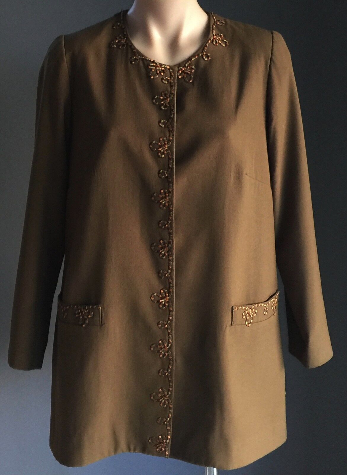 Jacket Hand Made Khaki Single Breasted Long Sleeve Blazer Ladies Size 16