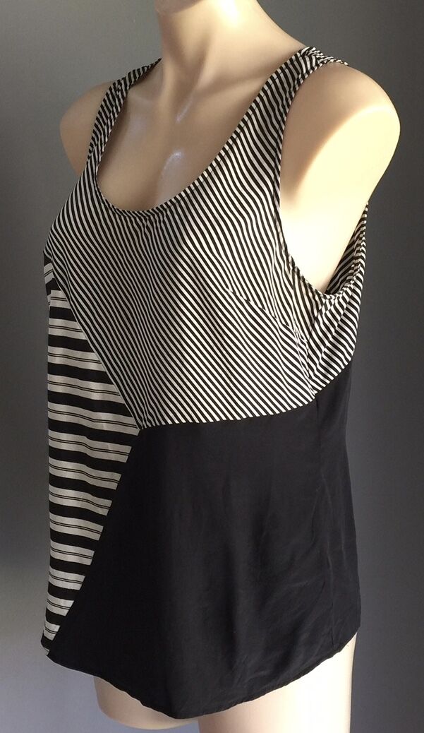 SABA Silk Tank Top Black & Grey Stripe Sleeveless Blouse Ladies Size 12 M NEW