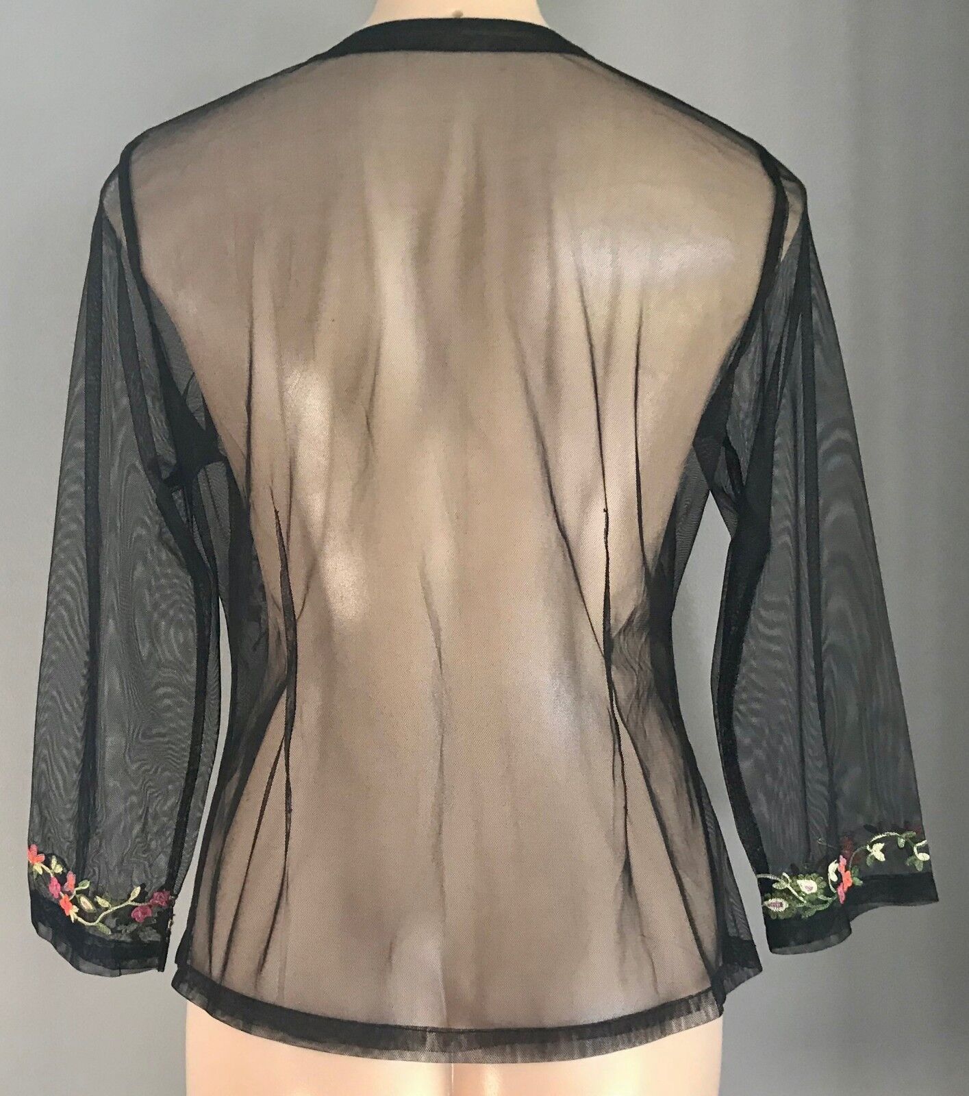 SHEER BLOUSE Embroidered Top Black Mesh Net Colourful Floral Size 12 NEW