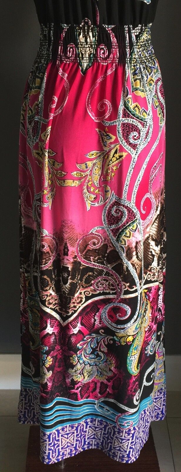 Maxi Dress STRIKING MultiColoured Stretch Cap Sleeve Long L 12 14 Gorgeous NEW