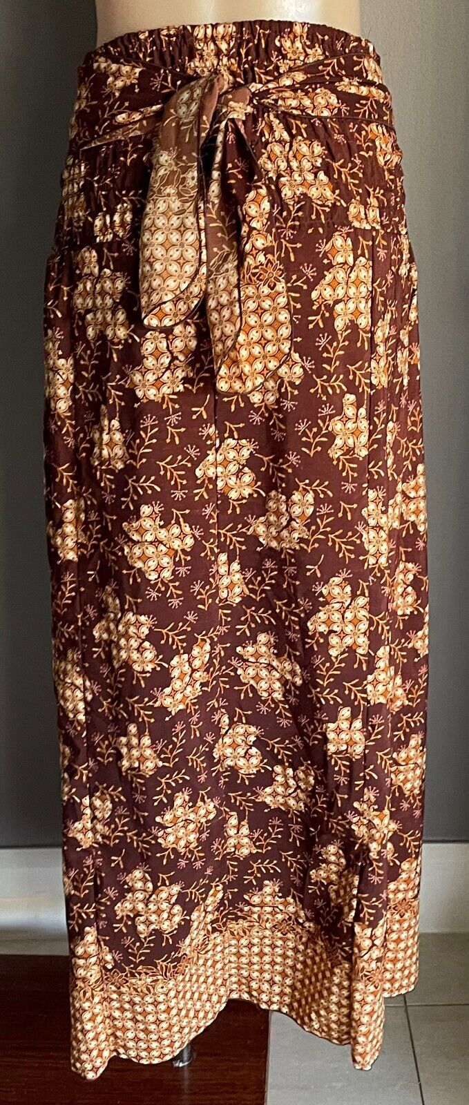 BATIK Skirt Brown Floral Fabric Strapless Dress Pick Ups Elastic Waist Sz 10 NEW