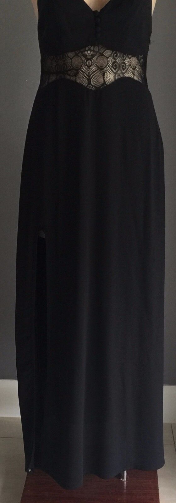 SHAREEN Maxi Dress Black Sleeveless Lace Waist Side Slit Ladies Size 10 Retro