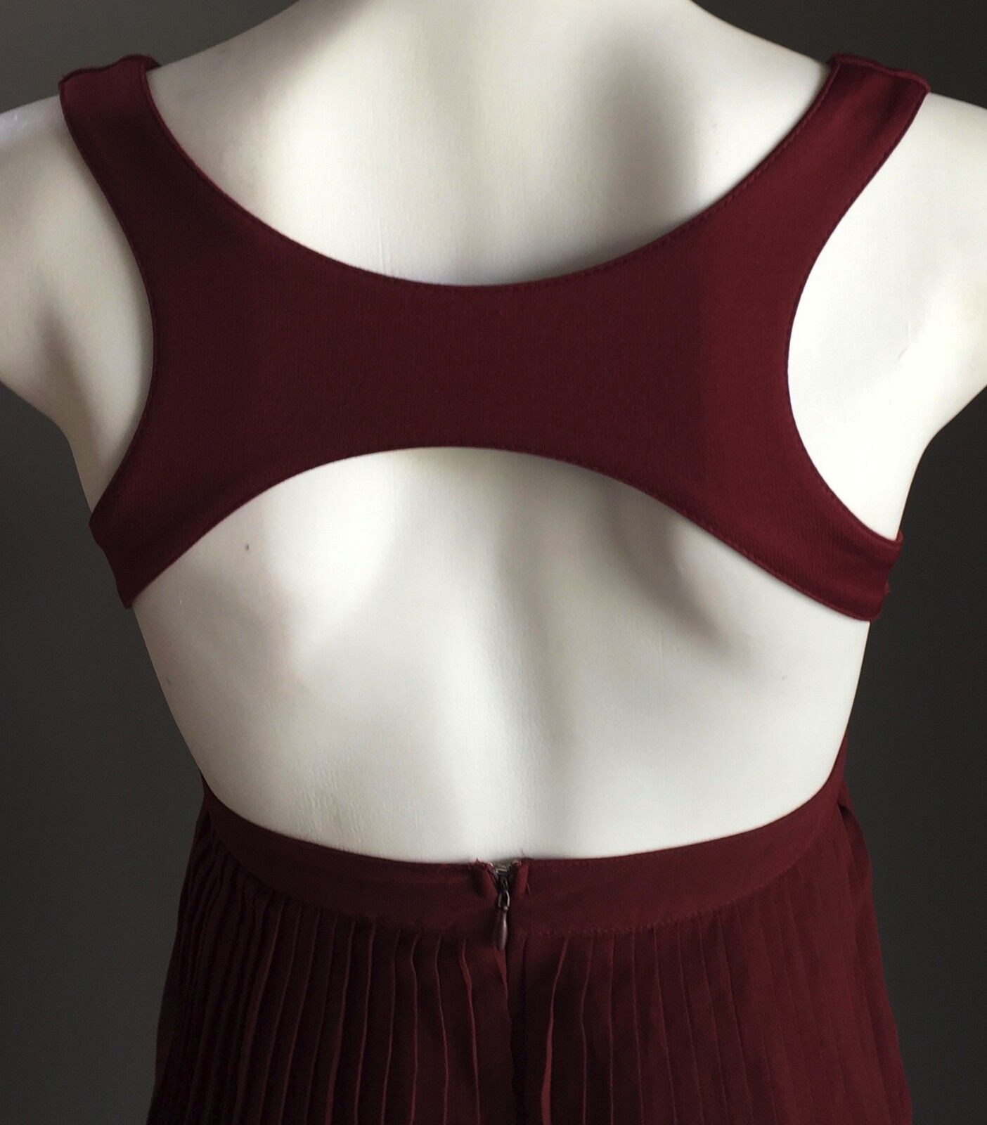 GLAMOROUS Mini Dress Burgundy Pleated Cut Out Back Ladies Size 8