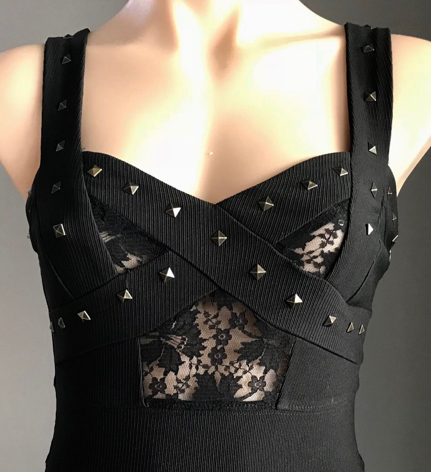 SUNNY GIRL Bandage Dress Black Stretch w Lace & Stud Trim Ladies Size 8 10 NEW