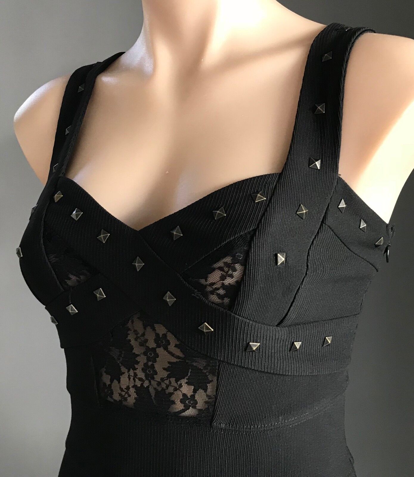 SUNNY GIRL Bandage Dress Black Stretch w Lace & Stud Trim Ladies Size 8 10 NEW