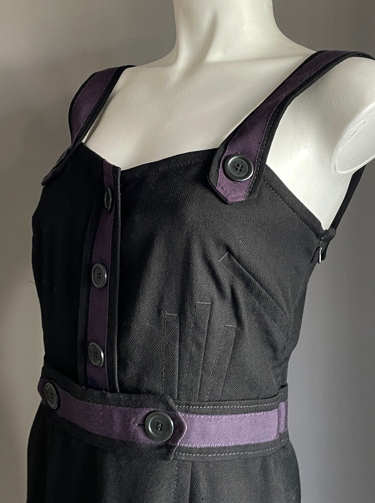 WHISTLES Black & Purple Trim Sleeveless Pinafore Style Wool Dress Size 8