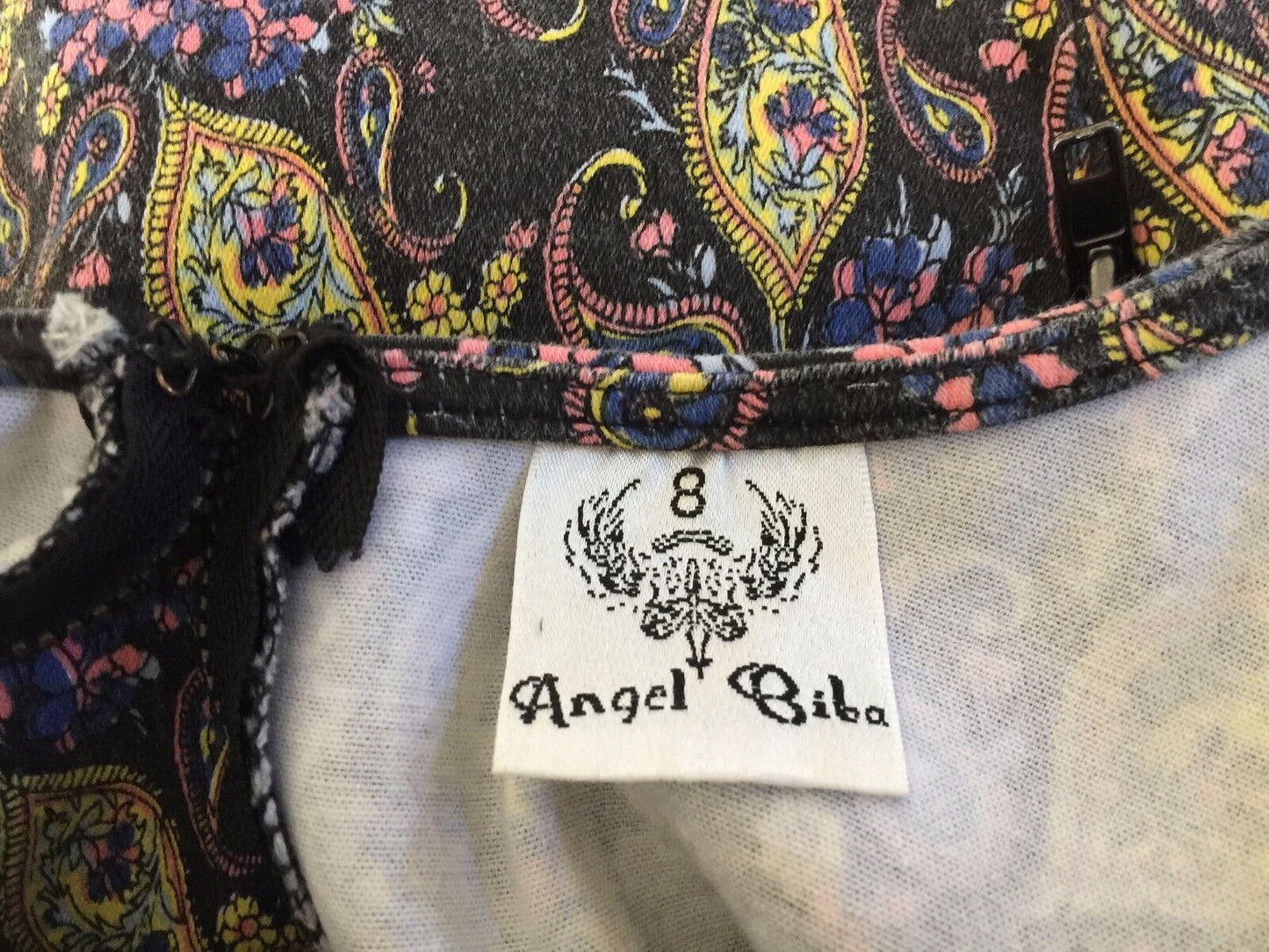 ANGEL BIBA Mini Dress Paisley Print Cap Sleeve Stretch Skater Ladies Size 8