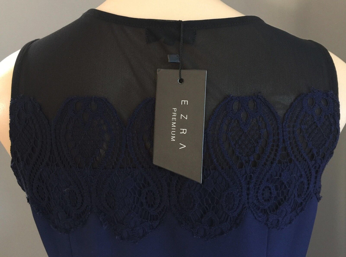 EZRA PREMIUM Dress Fit & Flare Navy Blue Sheer Yoke Lace Size M 10 12 NEW