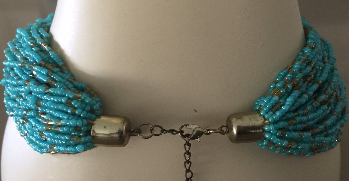 Vintage Necklace Turquoise & Gold Glass Bead Adjustable Statement Collar NEW