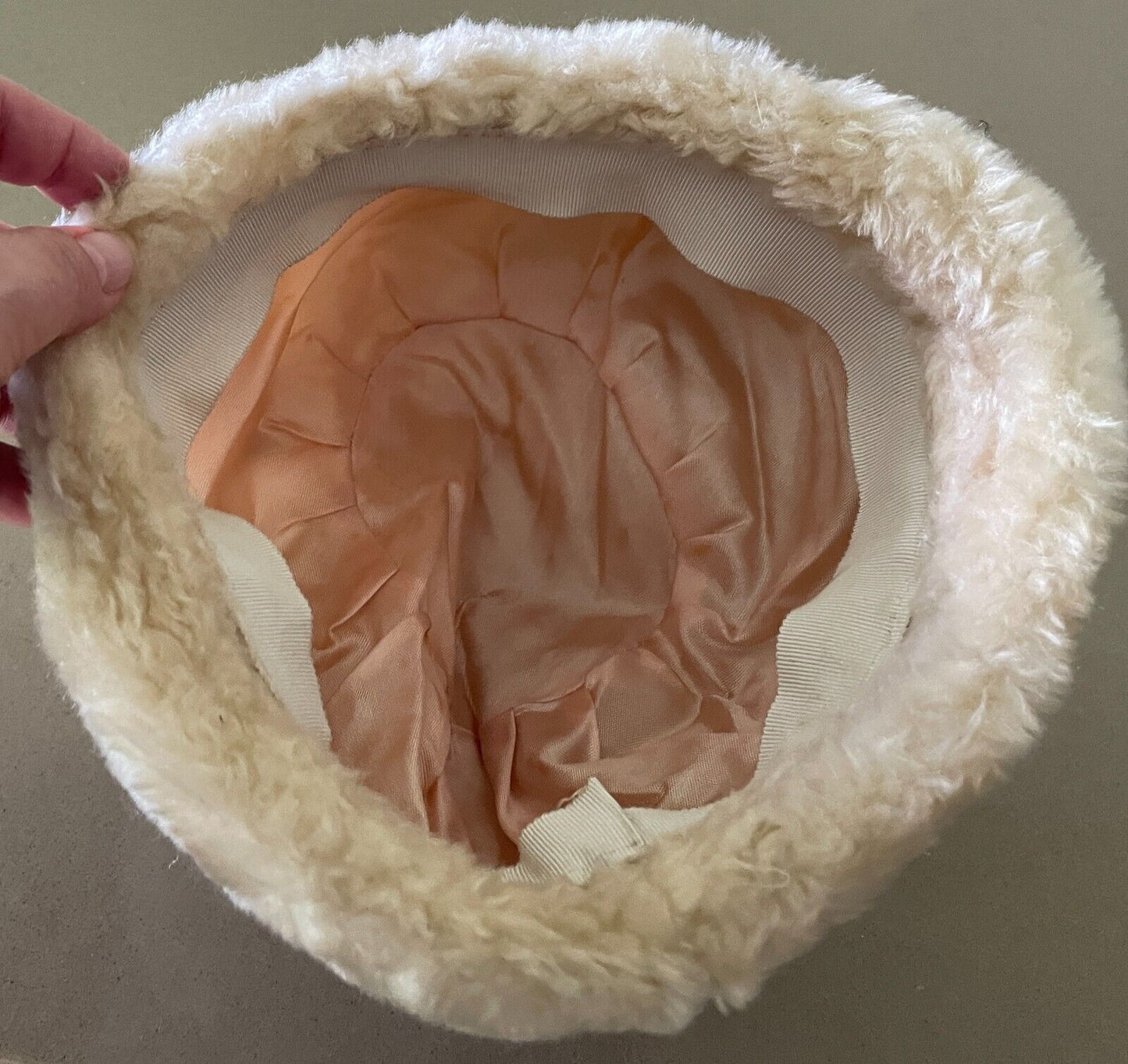 Vintage Pillbox Style Hat Retro Vibe Beige Faux Fur Size 52cm